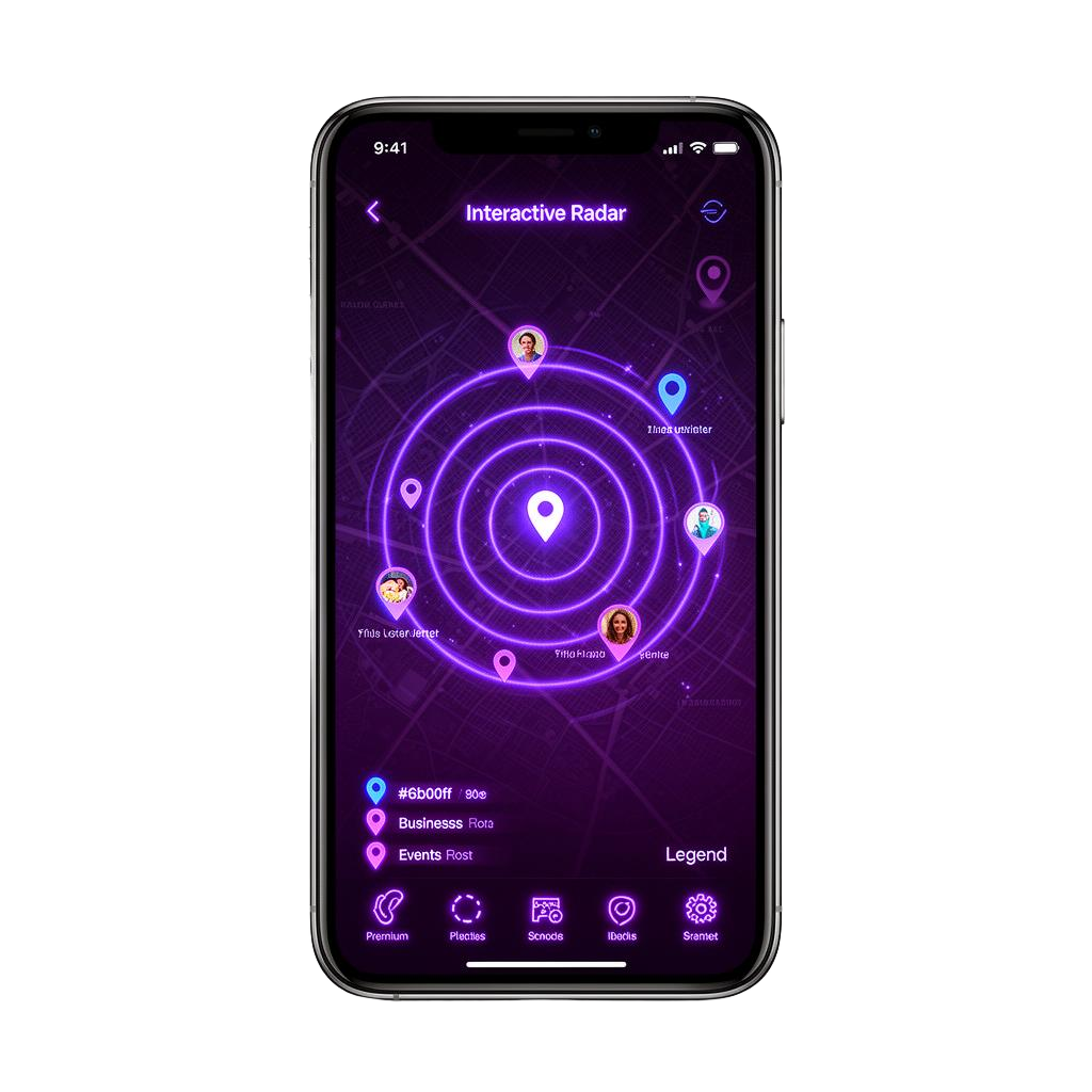 Radar interactif Flok affichant les personnes, business et événements proches