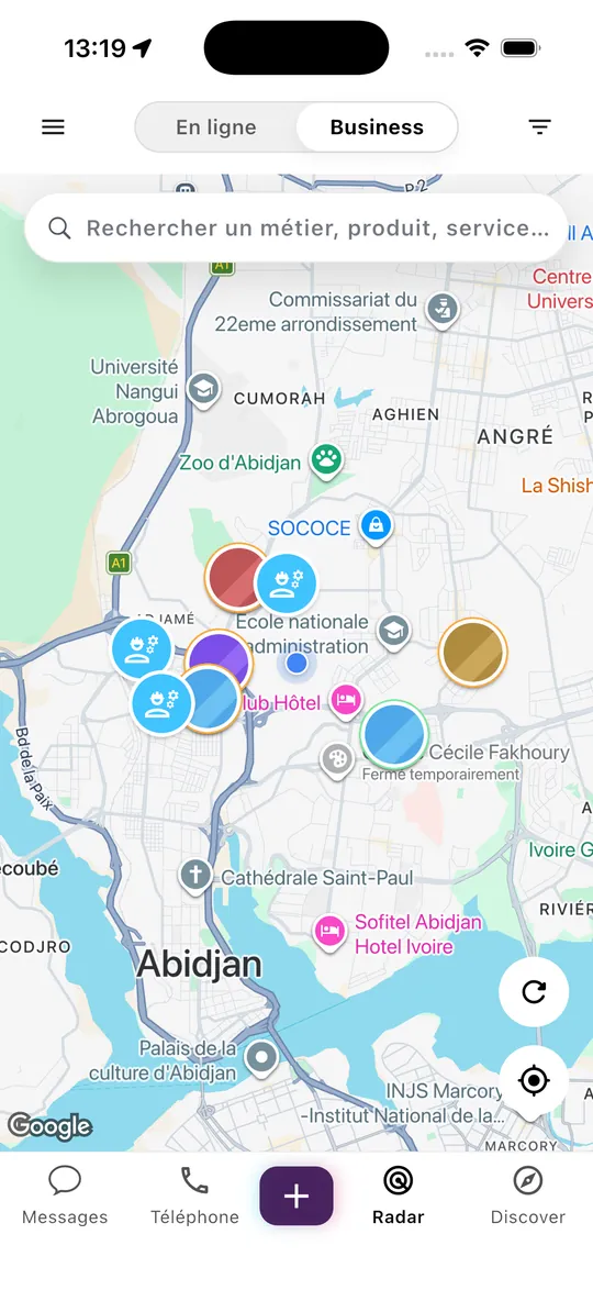 Radar Flok, vue « Business » : entreprises et services autour de vous, avec recherche d'un métier, d'un produit ou d'un service