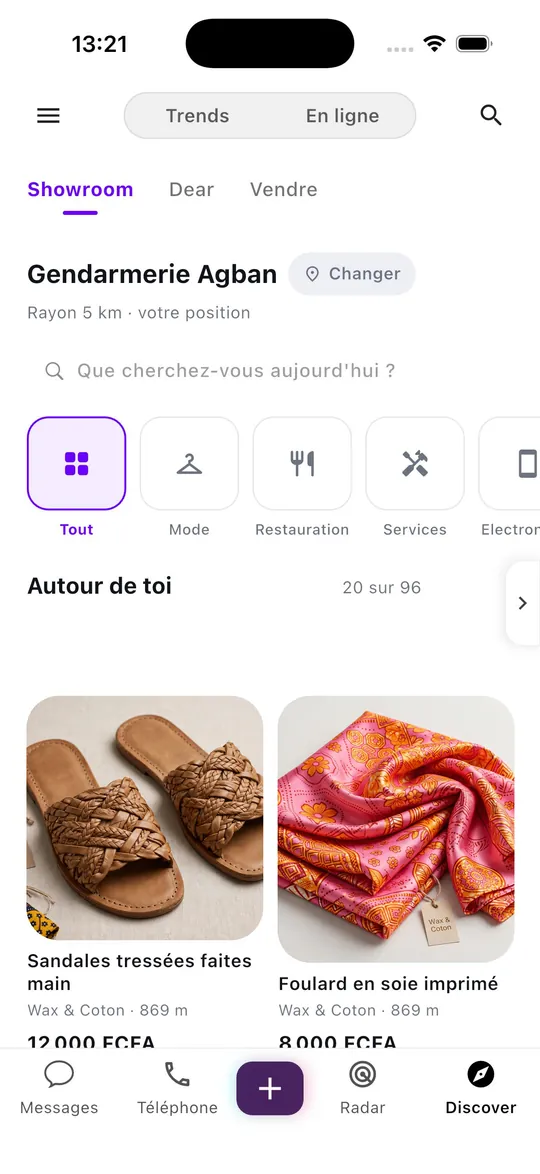Showroom Flok : produits à proximité avec photo, boutique, distance et prix en FCFA