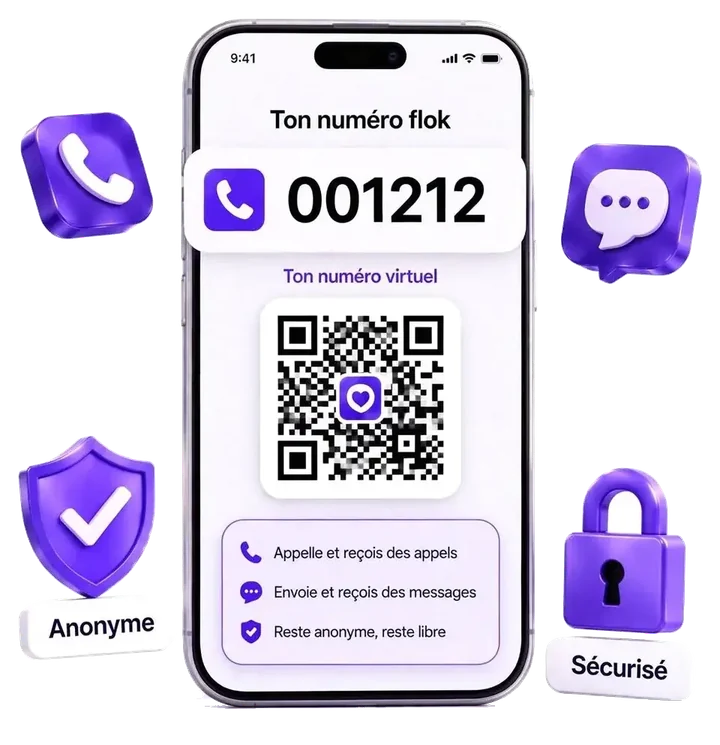 Téléphone Flok affichant « Ton numéro flok 001212 » et un QR code à faire scanner, entouré des icônes téléphone, message, bouclier « Anonyme » et cadenas « Sécurisé »