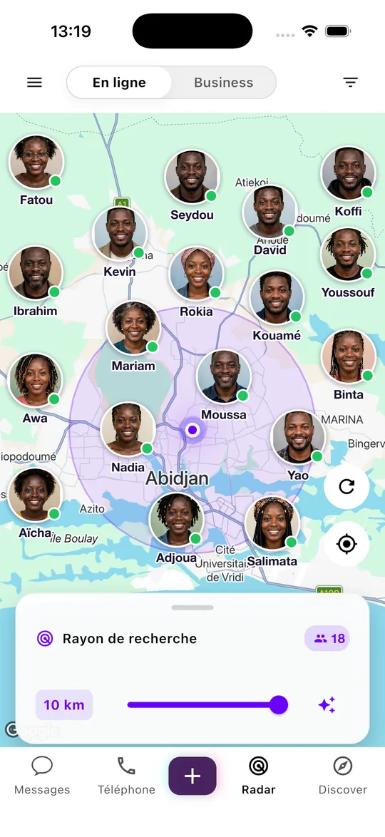 Radar Flok, vue « En ligne » : carte d'Abidjan avec une vingtaine de profils connectés bien visibles autour de vous, dans et autour d'un rayon de recherche de 10 km