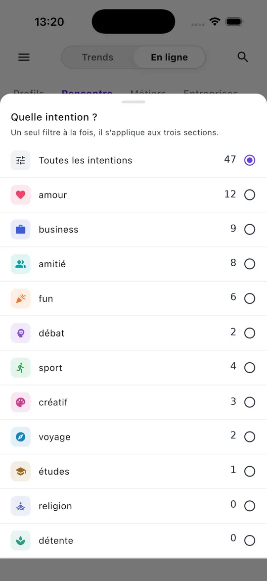 Feuille « Quelle intention ? » de Flok : amour, business, amitié, fun, débat, sport, créatif, voyage, études, religion, détente