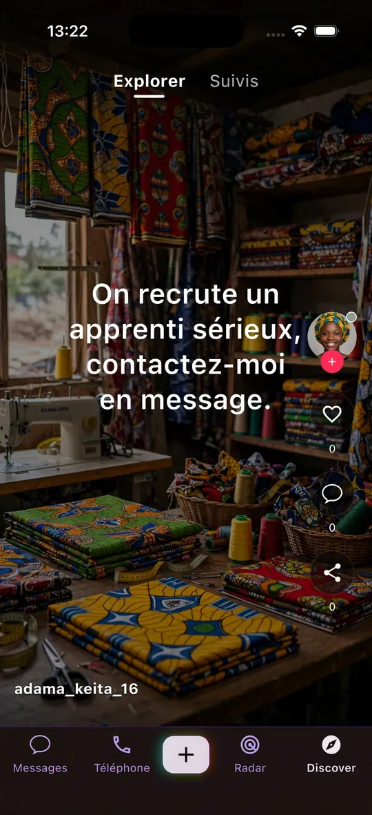 Feed vertical de statuts Flok : un atelier de couture qui recrute un apprenti, avec les onglets Explorer et Suivis et les boutons aimer, commenter, partager