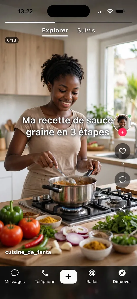Statut vidéo Flok : une jeune fille prépare une sauce graine, avec barre de progression et durée 0:18