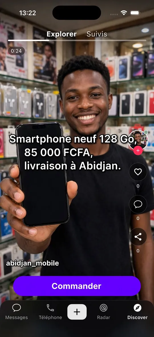 Statut vidéo Flok : un vendeur présente un smartphone neuf à 85 000 FCFA, avec un bouton Commander